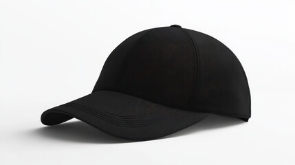 Fototapeta premium Black baseball cap, solid color, blank, cotton fabric, lies on a white background. Perfect for product mockups, logo placement, or design templates.