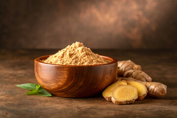 Ground ginger powder in wooden bowl with fresh ginger root