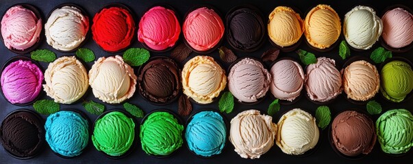 flavors scoops background. Top view. Assorted of ice cream scoops. Colorful set of ice creams. Different flavours with mint. Gelato backdrop. Multicolored scooped sorbets. Various flavours and colors