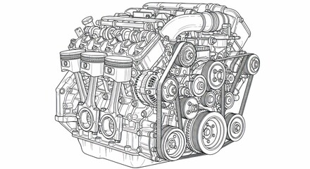 Obraz premium Illustration of a detailed internal combustion engine on white