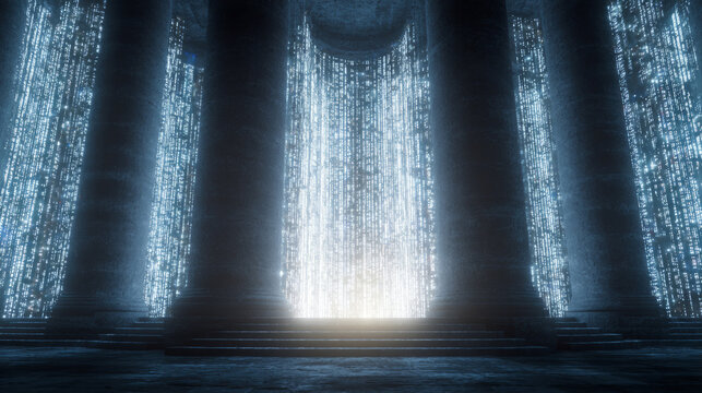 AI data temple theme, towering columns made of glowing code lines, illuminating a central altar of energy