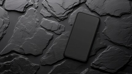 Black smartphone lays on a textured slate background. Good for tech ads, product presentations, or web designs.