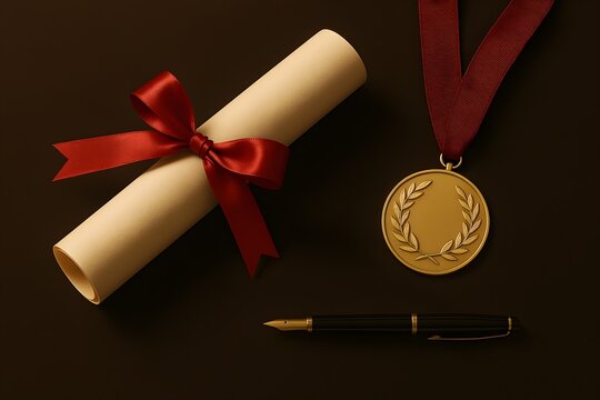 Elegant composition showcases diploma scroll with red ribbon, gold medal, and fountain pen.