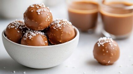 A beautifully arranged bowl of chocolate truffles, sprinkled with sea salt, sits elegantly next to shots of rich dessert drinks, inviting taste buds to indulge in sweetness.