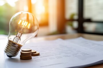 Counting and Calculate Cost Money of Electricity and Heating Bill. Electric Cap, Glowing Light Bulb and Euro Banknotes on the Background. Increase in the Cost of Electricity. Price Hike. Energy Crisis