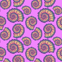 Watercolor sea shells seamless pattern. Hand drawn shells texture ocean background. Watercolor sea illustrations. Print for wallpaper, fabric, textile, cover, wrapping paper, banner, postcard. Beach