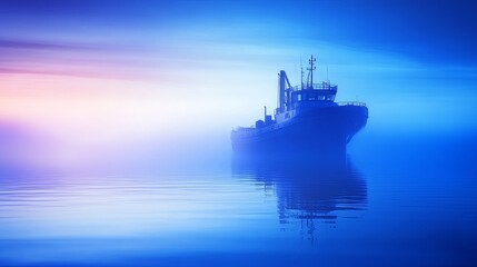Cargo ship navigating through foggy waters at dawn, reflecting colors of sunrise in the background