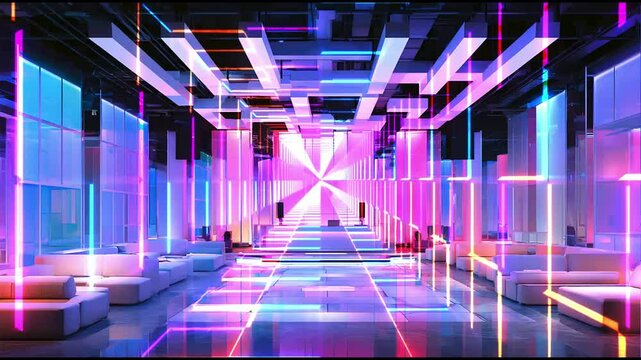 Neon interior, overlay moving hallway in interior, neon corridor in modern digital art, overlay circle, animated virtual backgrounds, anime chill hip hop cyber punk 4k Animated video