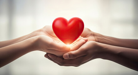 Gentle hands sharing a vibrant red heart symbolizing love care and compassion