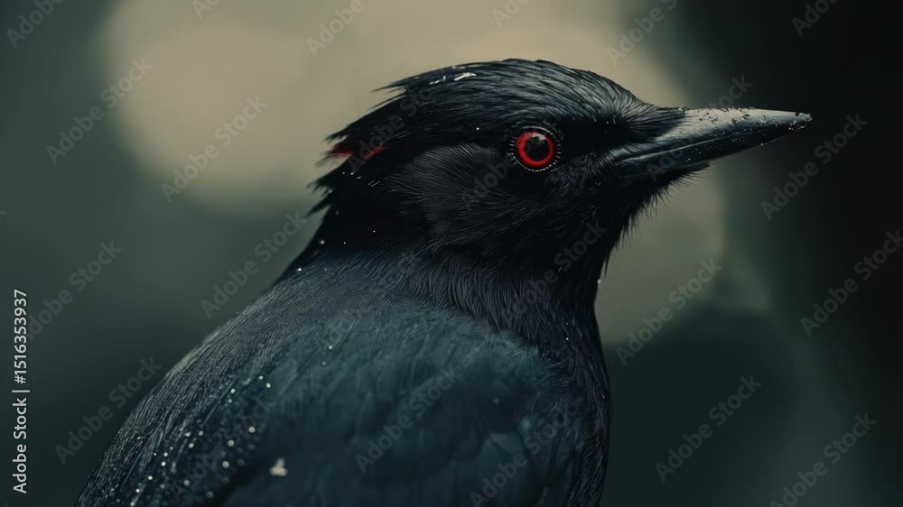Poster a close-up image of a black bird perched on a wet surface, its bright red eyes visible