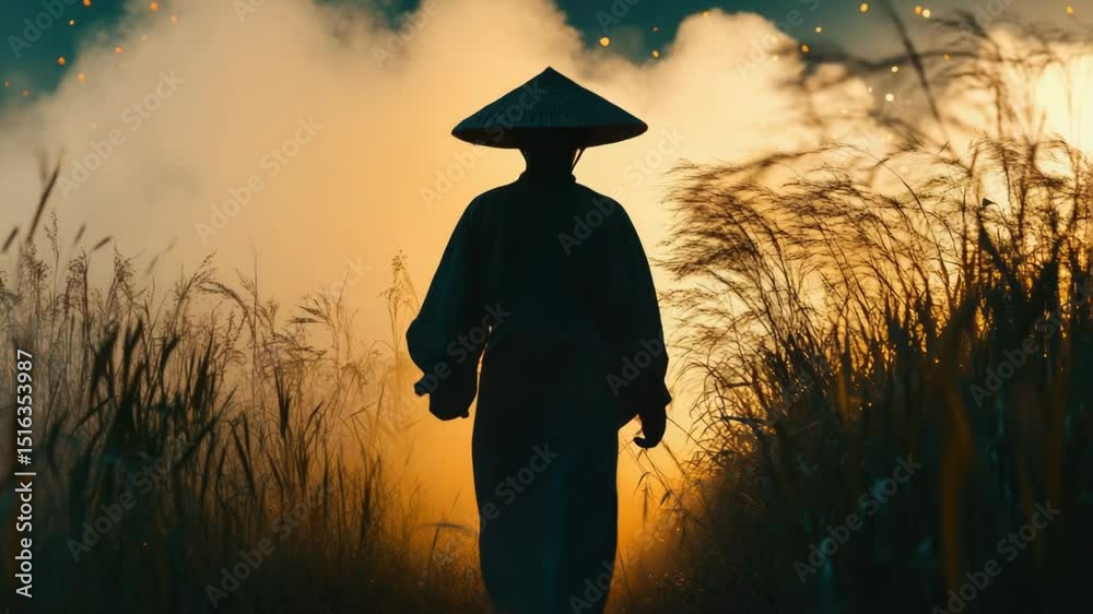 Poster a person stands in a field of tall grass, the reeds swaying gently in the breeze