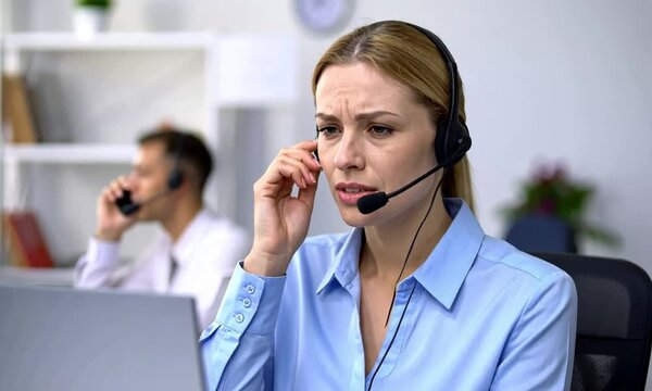 Customer Service Representative Handling a Difficult Call with Frustrated Expression and On-Screen Notification Alerts

