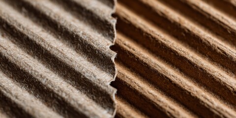 Close-up view of corrugated cardboard texture, showcasing its intricate patterns and fibrous structure.  A study in brown hues and organic material. Ideal for design and industrial