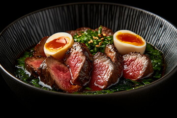 Mouthwatering gourmet dish featuring succulent steak, rich broth, perfectly cooked eggs, and vibrant greens displayed artfully in a dark bowl