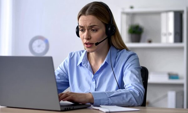 Customer Service Representative Handling a Difficult Call with Frustrated Expression and On-Screen Notification Alerts

