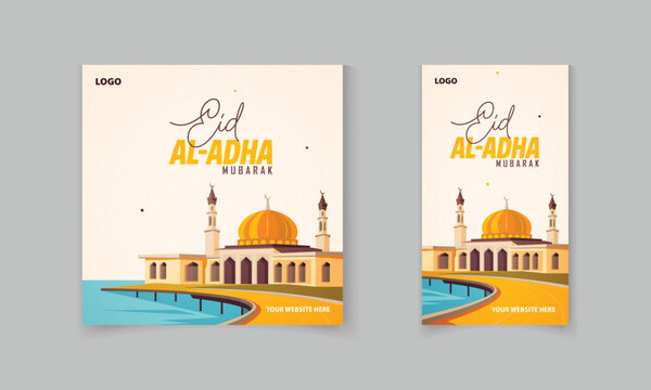 Eid al Adha mubarak social media post and story template with Islamic pattern, masjid, star vector
