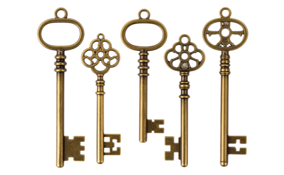 Set of Antique Brass Key with Intricate Victorian Design, isolated on a transparent background