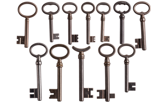 Set of Rustic Old Iron Skeleton Key with Worn Texture, isolated on a transparent background