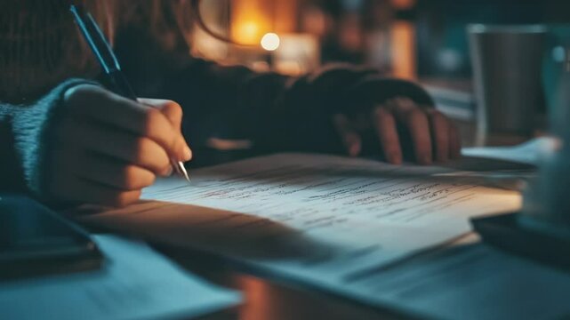 Close-up shot of a hand holding a pen and writing on paper, isolated on a white background