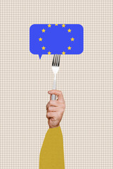 Creative design trend artwork collage of sleeve hand hold fork hold textbox europen countries flag...