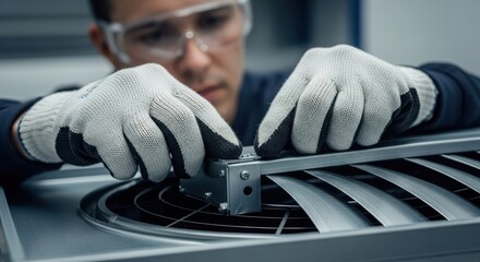 Technician repairing air conditioning unit in modern workshop  