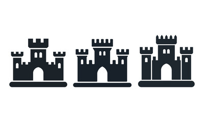 Fototapeta premium Medieval Castle Silhouette Icons - Set of 3 Solid Designs, Isolated vector illustration 