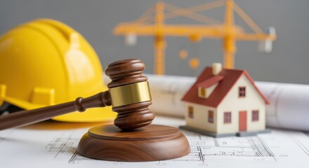 Construction legal concepts with gavel, house model, and plans  