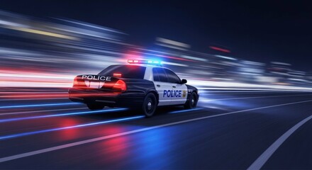 Car travels at high speed on highway at night with lights blurring