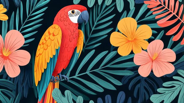 Vibrant parrot amidst tropical flowers and foliage.