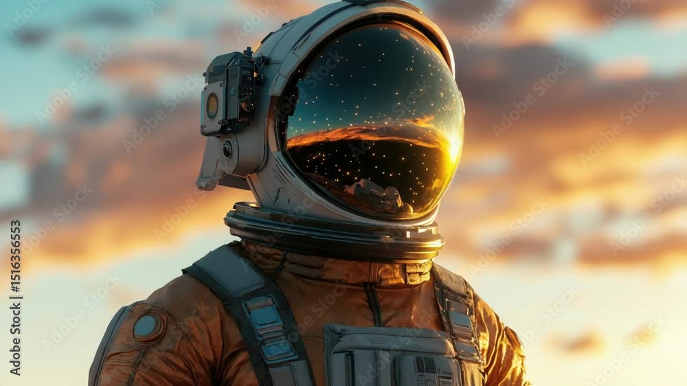 Poster a person in a space suit stands in front of a beautiful sunset, perfect for use as an illustration f