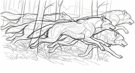 Obraz premium Wolves running through a forest, line drawing illustration