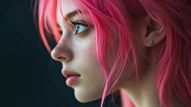 Close-up shot of a person with distinctive pink hair, suitable for use in portraiture or editorial content