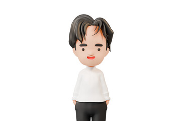 3d Young Businessman. smiling happy man standing enjoy simple lifestyle isolated on white transparent background. Minimal Cartoon character chibi style illustration. Character concept. 3d render.