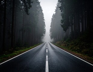 Obraz premium Foggy road through a dark forest