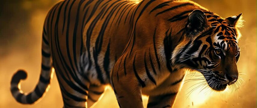 Anamorphic video bengal tiger emerges from golden smoke