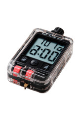 A close-up shot of a modern, transparent digital timer against a black background.