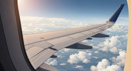 Obraz premium Airplane wing above clouds, seen through window during the flight