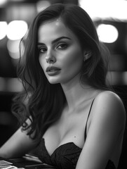 A woman with long hair and a black tank top is sitting in front of a camera