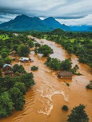 A river is flooded with water and houses are in the background
