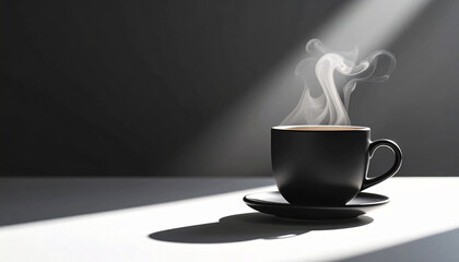Hot coffee mug with steam and aroma on a dark black background