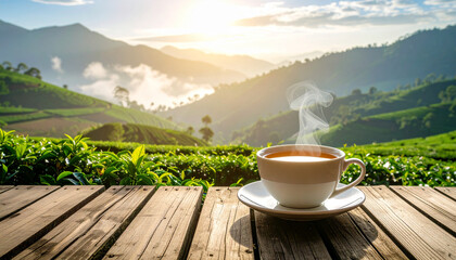 Aromatic hot coffee or tea in a white mug sits on a wooden table, perfect for a morning drink at a cafe or on the mountain