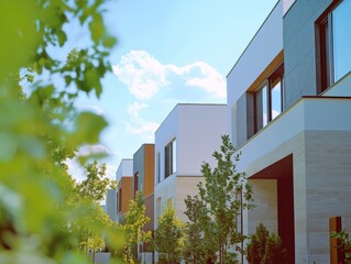 Modern Apartment Building with Trees and Sunlight