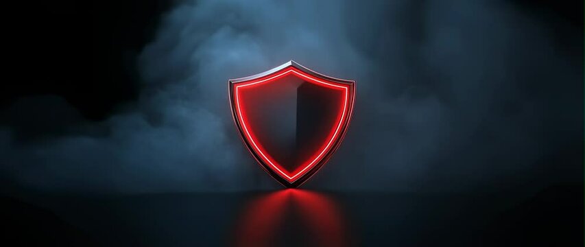 Anamorphic video Red neon shining shield symbol against dark background