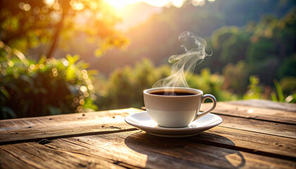 A cup of hot, dark coffee with steam rises from a white mug on a brown wooden table, perfect for a morning breakfast drink