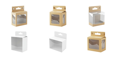 Set of cardboard and white hanging packaging boxes with window 