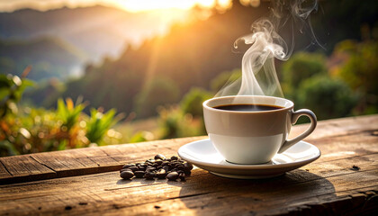 A cup of hot, dark coffee with steam rises from a white mug on a brown wooden table, perfect for a morning breakfast drink