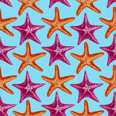 Summer. Sea. Seamless pattern with watercolor starfish. Hand drawn starfish, ocean texture. Watercolor illustrations. Print on wallpaper, fabric, textile, cover, wrapping paper, banner, postcard