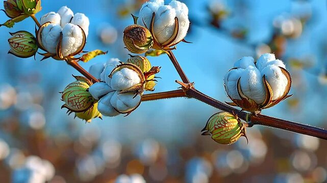 Cotton bolls on a branch against a blue sky footage