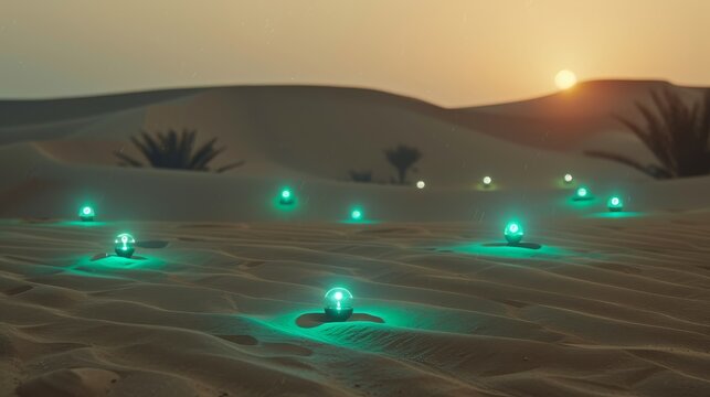 Algorithmic sand dunes with stock market-inspired patterns, glowing micro sensors, and encrypted light projections in desert shadows