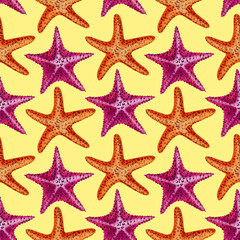 Summer. Sea. Seamless pattern with watercolor starfish. Hand drawn starfish, ocean texture. Watercolor illustrations. Print on wallpaper, fabric, textile, cover, wrapping paper, banner, postcard